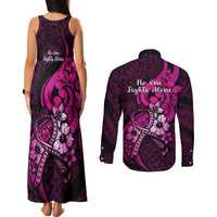 Polynesia Breast Cancer Awareness Couples Matching Tank Maxi Dress and Long Sleeve Button Shirts Think Pink Polynesian Ribbon Black Version LT14 - Polynesian Pride
