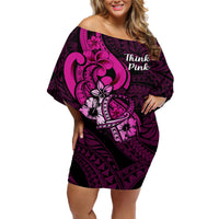 Polynesia Breast Cancer Awareness Off Shoulder Short Dress Think Pink Polynesian Ribbon Black Version LT14 Women Pink - Polynesian Pride