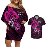 Personalised Polynesia Breast Cancer Awareness Couples Matching Off Shoulder Short Dress and Hawaiian Shirt Think Pink Polynesian Ribbon Black Version LT14 Pink - Polynesian Pride
