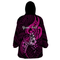 Personalised Polynesia Breast Cancer Awareness Wearable Blanket Hoodie Think Pink Polynesian Ribbon Black Version LT14 - Polynesian Pride