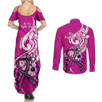 Polynesia Breast Cancer Awareness Couples Matching Summer Maxi Dress and Long Sleeve Button Shirts Think Pink Polynesian Ribbon White Version LT14 - Polynesian Pride
