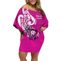 Polynesia Breast Cancer Awareness Off Shoulder Short Dress Think Pink Polynesian Ribbon White Version LT14 Women Pink - Polynesian Pride