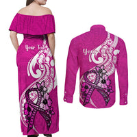Personalised Polynesia Breast Cancer Awareness Couples Matching Off Shoulder Maxi Dress and Long Sleeve Button Shirts Think Pink Polynesian Ribbon White Version LT14 - Polynesian Pride