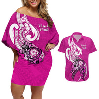 Personalised Polynesia Breast Cancer Awareness Couples Matching Off Shoulder Short Dress and Hawaiian Shirt Think Pink Polynesian Ribbon White Version LT14 Pink - Polynesian Pride