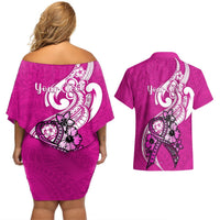 Personalised Polynesia Breast Cancer Awareness Couples Matching Off Shoulder Short Dress and Hawaiian Shirt Think Pink Polynesian Ribbon White Version LT14 - Polynesian Pride