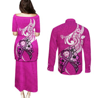Personalised Polynesia Breast Cancer Awareness Couples Matching Puletasi Dress and Long Sleeve Button Shirts Think Pink Polynesian Ribbon White Version LT14 - Polynesian Pride
