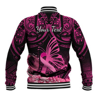 Presonalised Tonga Breast Cancer Awareness Baseball Jacket Pink Ribbon Brave Strong Warrior Tongan Ngatu Pattern LT14 - Polynesian Pride