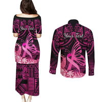 Presonalised Tonga Breast Cancer Awareness Couples Matching Puletasi Dress and Long Sleeve Button Shirts Pink Ribbon Brave Strong Warrior Tongan Ngatu Pattern LT14 - Polynesian Pride