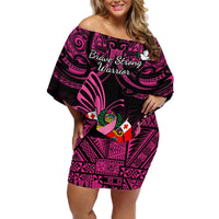 Presonalised Tonga Breast Cancer Awareness Off Shoulder Short Dress Pink Ribbon Brave Strong Warrior Tongan Ngatu Pattern LT14 Women Pink - Polynesian Pride