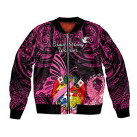 Presonalised Tonga Breast Cancer Awareness Sleeve Zip Bomber Jacket Pink Ribbon Brave Strong Warrior Tongan Ngatu Pattern LT14 Unisex Pink - Polynesian Pride