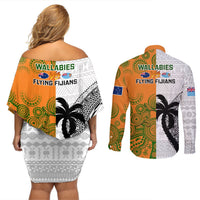 Fiji And Australia Rugby Couples Matching Off Shoulder Short Dress and Long Sleeve Button Shirts 2023 World Cup Aboriginal Mix Tapa Pattern LT14 - Polynesian Pride