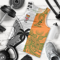 Fiji And Australia Rugby Men Tank Top 2023 World Cup Aboriginal Mix Tapa Pattern LT14 Gold - Polynesian Pride