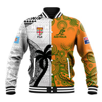 Custom Fiji And Australia Rugby Baseball Jacket 2023 World Cup Aboriginal Mix Tapa Pattern LT14 Unisex Gold - Polynesian Pride