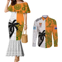 Custom Fiji And Australia Rugby Couples Matching Mermaid Dress and Long Sleeve Button Shirts 2023 World Cup Aboriginal Mix Tapa Pattern LT14 Gold - Polynesian Pride