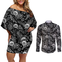 Hawaii Christmas Couples Matching Off Shoulder Short Dress and Long Sleeve Button Shirt Tropical Style With Coat Of Arms LT14 Black - Polynesian Pride