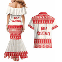 Red Mele Kalikimaka Hawaii Couples Matching Mermaid Dress and Hawaiian Shirt Funny Ho Ho Ho Santa Shaka - Polynesian Pride