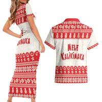Red Mele Kalikimaka Hawaii Couples Matching Short Sleeve Bodycon Dress and Hawaiian Shirt Funny Ho Ho Ho Santa Shaka - Polynesian Pride