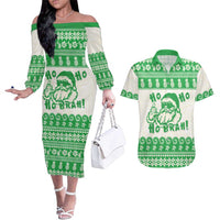 Green Mele Kalikimaka Hawaii Couples Matching Off The Shoulder Long Sleeve Dress and Hawaiian Shirt Funny Ho Ho Ho Santa Shaka - Polynesian Pride