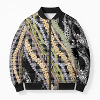 Black Palaka Hawaii Leis Bomber Puffer Jacket Hawaiian-plaid Elegant Tropical Vibes LT14 Unisex Black - Polynesian Pride