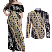 Black Palaka Hawaii Leis Couples Matching Off Shoulder Maxi Dress and Long Sleeve Button Shirt Hawaiian-plaid Elegant Tropical Vibes - Polynesian Pride