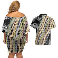 Black Palaka Hawaii Leis Couples Matching Off Shoulder Short Dress and Hawaiian Shirt Hawaiian-plaid Elegant Tropical Vibes - Polynesian Pride