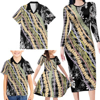 Black Palaka Hawaii Leis Family Matching Long Sleeve Bodycon Dress and Hawaiian Shirt Hawaiian-plaid Elegant Tropical Vibes - Polynesian Pride