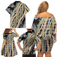 Black Palaka Hawaii Leis Family Matching Off Shoulder Short Dress and Hawaiian Shirt Hawaiian-plaid Elegant Tropical Vibes - Polynesian Pride