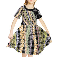 Black Palaka Hawaii Leis Kid Short Sleeve Dress Hawaiian-plaid Elegant Tropical Vibes LT14 - Polynesian Pride