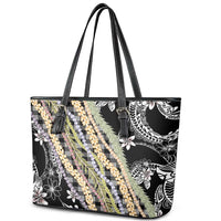Black Palaka Hawaii Leis Leather Tote Bag Hawaiian-plaid Elegant Tropical Vibes - Polynesian Pride