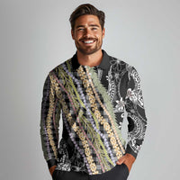Black Palaka Hawaii Leis Long Sleeve Polo Shirt Hawaiian-plaid Elegant Tropical Vibes - Polynesian Pride