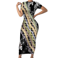 Black Palaka Hawaii Leis Short Sleeve Bodycon Dress Hawaiian-plaid Elegant Tropical Vibes LT14 Long Dress Black - Polynesian Pride