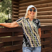 Black Palaka Hawaii Leis Women Polo Shirt Hawaiian-plaid Elegant Tropical Vibes LT14 - Polynesian Pride