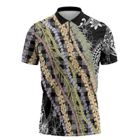 Black Palaka Hawaii Leis Zipper Polo Shirt Hawaiian-plaid Elegant Tropical Vibes LT14 Black - Polynesian Pride