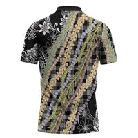 Black Palaka Hawaii Leis Zipper Polo Shirt Hawaiian-plaid Elegant Tropical Vibes LT14 - Polynesian Pride