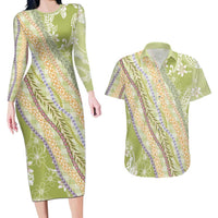Green Palaka Hawaii Leis Couples Matching Long Sleeve Bodycon Dress and Hawaiian Shirt Hawaiian-plaid Elegant Tropical Vibes - Polynesian Pride