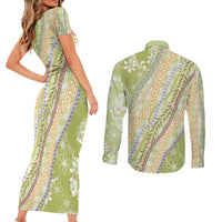 Green Palaka Hawaii Leis Couples Matching Short Sleeve Bodycon Dress and Long Sleeve Button Shirt Hawaiian-plaid Elegant Tropical Vibes - Polynesian Pride