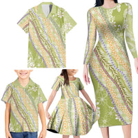 Green Palaka Hawaii Leis Family Matching Long Sleeve Bodycon Dress and Hawaiian Shirt Hawaiian-plaid Elegant Tropical Vibes - Polynesian Pride