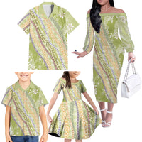 Green Palaka Hawaii Leis Family Matching Off The Shoulder Long Sleeve Dress and Hawaiian Shirt Hawaiian-plaid Elegant Tropical Vibes - Polynesian Pride