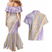 Purple Palaka Hawaii Leis Couples Matching Mermaid Dress and Hawaiian Shirt Hawaiian-plaid Elegant Tropical Vibes - Polynesian Pride