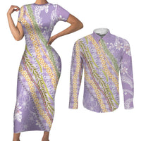 Purple Palaka Hawaii Leis Couples Matching Short Sleeve Bodycon Dress and Long Sleeve Button Shirt Hawaiian-plaid Elegant Tropical Vibes - Polynesian Pride