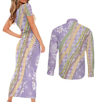 Purple Palaka Hawaii Leis Couples Matching Short Sleeve Bodycon Dress and Long Sleeve Button Shirt Hawaiian-plaid Elegant Tropical Vibes - Polynesian Pride