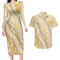 Yellow Palaka Hawaii Leis Couples Matching Long Sleeve Bodycon Dress and Hawaiian Shirt Hawaiian-plaid Elegant Tropical Vibes - Polynesian Pride
