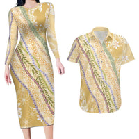 Yellow Palaka Hawaii Leis Couples Matching Long Sleeve Bodycon Dress and Hawaiian Shirt Hawaiian-plaid Elegant Tropical Vibes - Polynesian Pride