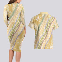 Yellow Palaka Hawaii Leis Couples Matching Long Sleeve Bodycon Dress and Hawaiian Shirt Hawaiian-plaid Elegant Tropical Vibes - Polynesian Pride