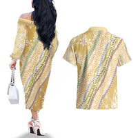 Yellow Palaka Hawaii Leis Couples Matching Off The Shoulder Long Sleeve Dress and Hawaiian Shirt Hawaiian-plaid Elegant Tropical Vibes - Polynesian Pride