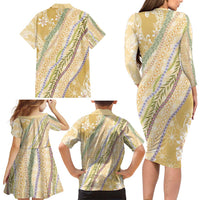 Yellow Palaka Hawaii Leis Family Matching Long Sleeve Bodycon Dress and Hawaiian Shirt Hawaiian-plaid Elegant Tropical Vibes - Polynesian Pride