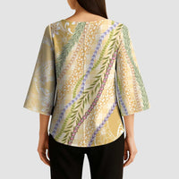 Yellow Palaka Hawaii Leis Kimono Sleeve Blouse - Hawaiian Plaid Elegant Tropical Vibes LT14 - Polynesian Pride