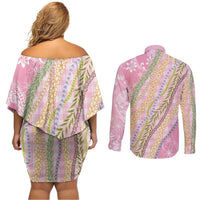 Pink Palaka Hawaii Leis Couples Matching Off Shoulder Short Dress and Long Sleeve Button Shirt Hawaiian-plaid Elegant Tropical Vibes - Polynesian Pride