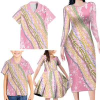Pink Palaka Hawaii Leis Family Matching Long Sleeve Bodycon Dress and Hawaiian Shirt Hawaiian-plaid Elegant Tropical Vibes - Polynesian Pride