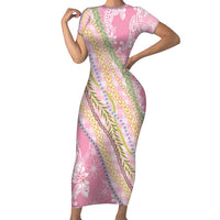 Pink Palaka Hawaii Leis Short Sleeve Bodycon Dress Hawaiian-plaid Elegant Tropical Vibes LT14 Long Dress Pink - Polynesian Pride